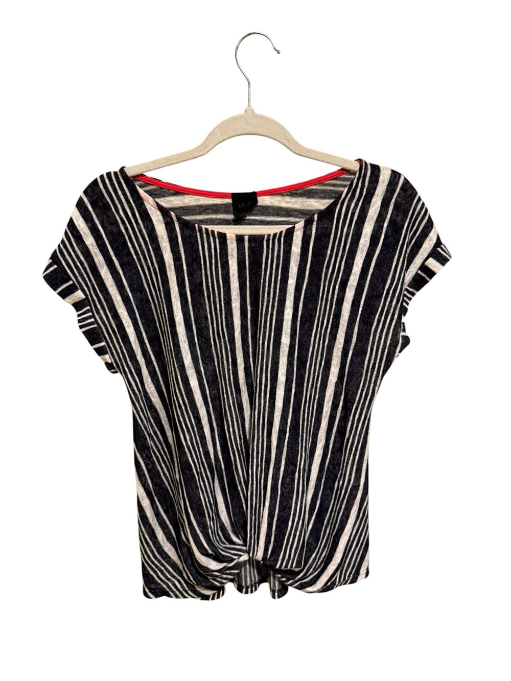 W5 Navy Blue & White Vertical Stripe Knot-Front Short Sleeve Top